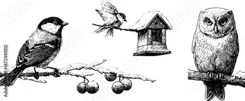 Winter birds collection: bullfinch, owl, and chickadee on snowy branches - vintage nature sketch