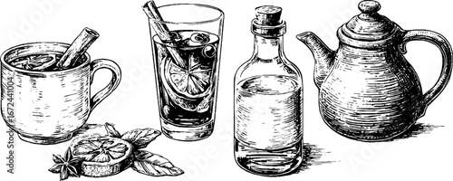 Hand drawn vintage collection of winter beverages: mulled drinks and teapot illustration