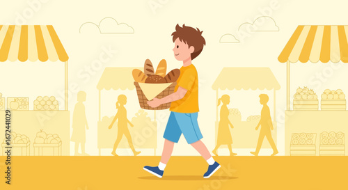 Boy Carries Freshly Baked Bread Basket At The Local Farmers Market In The Sunny Day