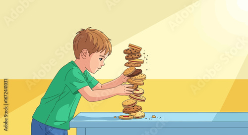 Boy Carefully Stacking Cookies: A Delicious Cartoon Illustration Of Playful Endeavor