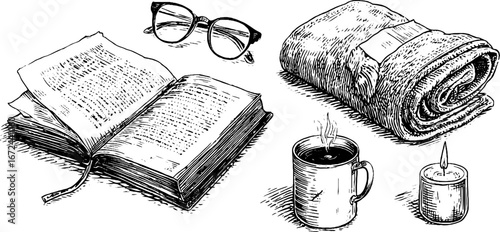 Cozy winter reading set: open book, glasses, blanket, hot drink, candle for relaxation and comfort