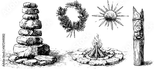 Winter solstice ritual elements collection: bonfire, sun, wreath, stone cairn, and totem for seasonal celebrations
