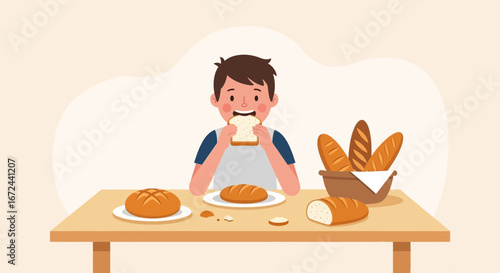 Boy Eating Bread Enjoying Food on Table with Many Loafs Bakery Product Display