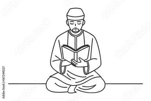 Line Drawing of a Muslim Man Reciting Quran Religious Vector Artwork