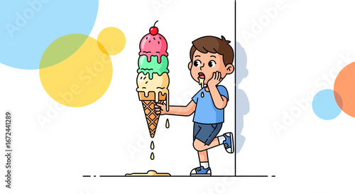 Boy Encountering An Overwhelming Ice Cream Cone, Surprised Expression and Drool Dripping