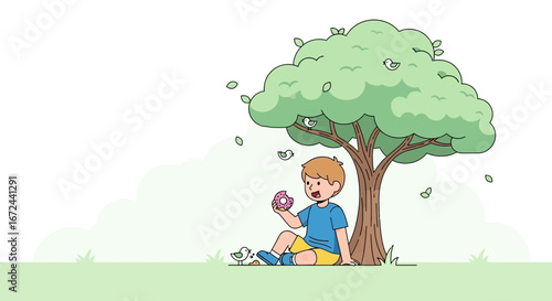 Boy Enjoying A Donut Under A Tree on A Beautiful Spring Day Vector Image