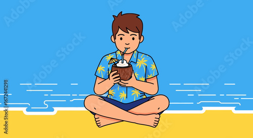 Boy Enjoying Coconut Drink While Relaxing On The Beach In Summer Vacation