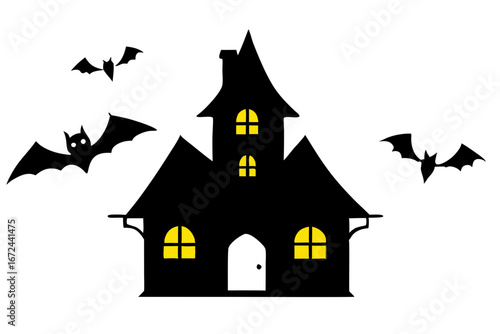 Spooky Haunted House with Bats and Glowing Windows Halloween Vector Art