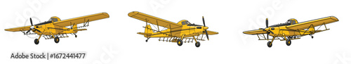 Illustrative Yellow Crop Duster Aircrafts with Spray Nozzles Against a White Backdrop