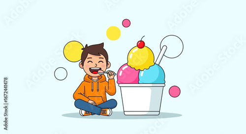 Boy Enjoying Multi-Flavored Ice Cream: A Delicious Treat on a Refreshing Day