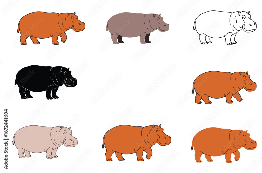 Fototapeta premium Nine hippopotamus illustrations with various color fills and a black outline version