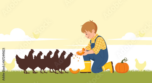 Boy Feeding Chickens on a Farm as the Autumnal Sunshine Begins to Shine, Happy Scene