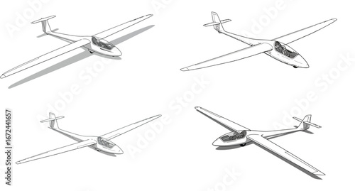 White Glider Plane Collection with Black Outlines and Shadows in Vector Art