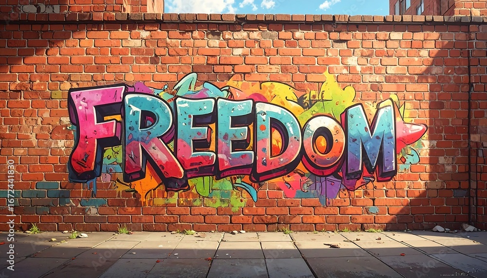 Fototapeta premium Vibrant Graffiti Art: Freedom on Brick Wall Street art