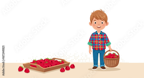 Boy Harvests Fresh Raspberries From The Garden On A Sunny Day With Joy
