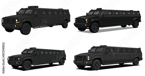 Illustrations of armored limousine models with enhanced security features and bulletproof windows