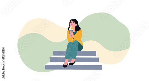 Calm Moment: Woman Enjoys Ice Cream While Sitting on Steps in Vector Illustration