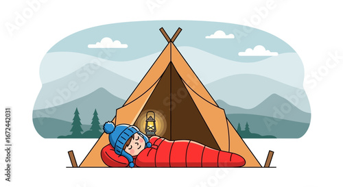 Camping Adventure: Peaceful Dreamer Snuggled In Tent Amidst Serene Mountainous Landscape