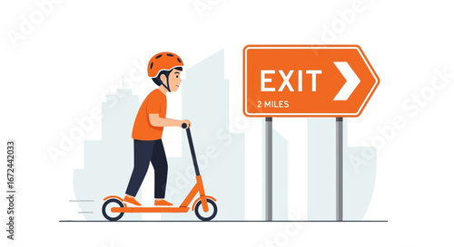 Boy On A Scooter Following The Exit Sign For A Safe Journey Home