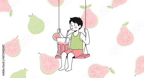 Boy On Swing Enjoys Guava Juice Cartoon Illustration On White Background