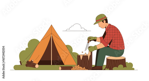 Camping Adventurer Preparing Wood for a Campfire in the Wilderness Environment