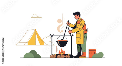 Camping Cookout Illustrated: A Person Preparing Meal Over Campfire Near Tent