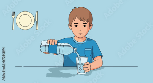 Boy Pouring Water into A Glass, Healthy Lifestyle, Dining Concept Illustration