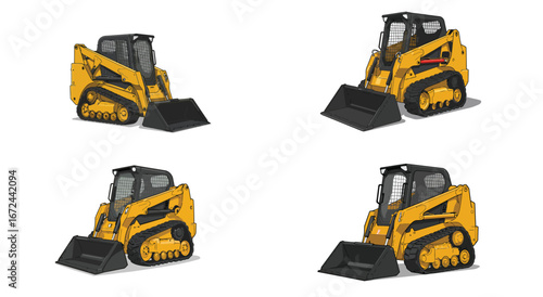 Yellow Skid Steer Loader Vector Set with Outlines on White Background illustration