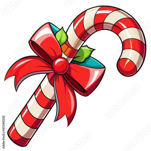 Festive red and white striped candy cane with a red bow isolated on white background isolated on transparent background