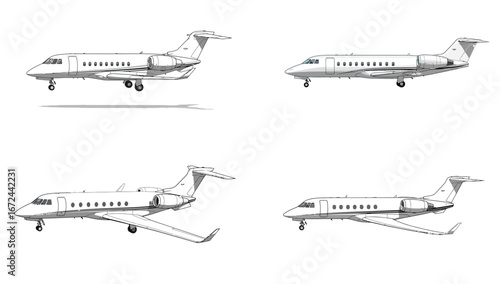 Vector illustration presenting the detailed blueprint of a private jet models