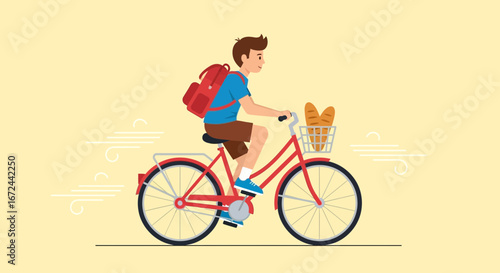 Boy Rides A Bicycle With Baguette In Basket Flat Vector Illustration