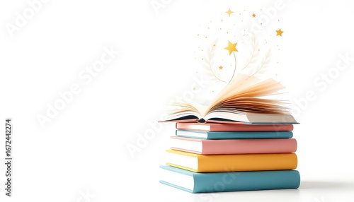 Stack of colorful hardback books with open top book from which emanates magical sparkles on a light backdrop