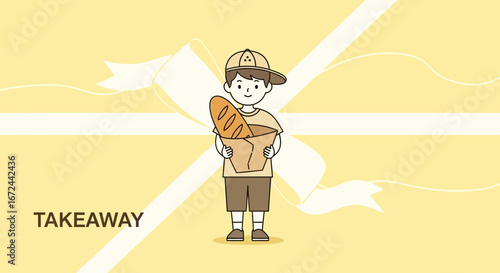 Boy With Baguette, Illustration Depicting Takeaway Bread and A Cute Yellow Background