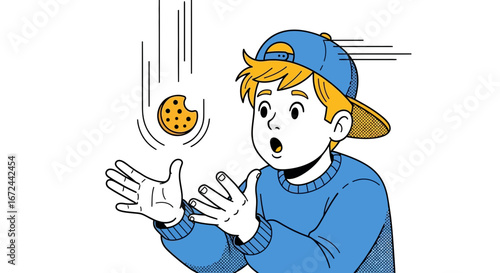 Boy's Astonishment As Biscuit Descends Dramatically, Capturing A Moment Of Surprise