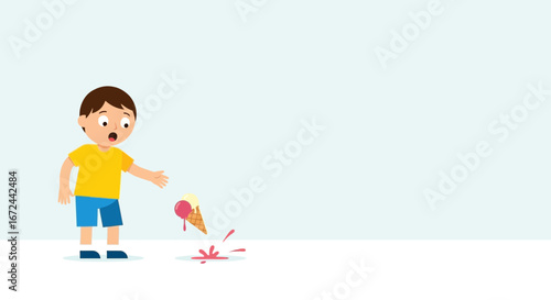 Boy's Disappointment As Ice Cream Cone Falls And Splatters On The Ground This Summer