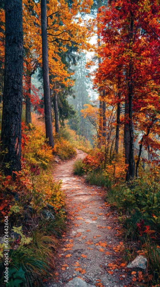 Obraz premium Autumn hiking trail winding through colorful forest, adventure and nature concept 
