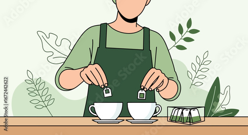 Brewing And Preparing Tea Process: A Calming Illustration Of Warmth And Herbal Refreshments