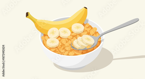 Breakfast, Bowl With Cereal And Banana, Isolated On Neutral Background