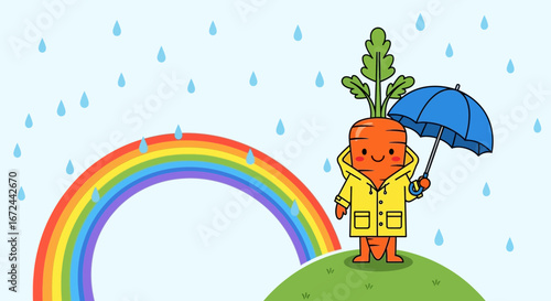 Carrot Character Under Umbrella Enjoying Rainbow and Rain in Cheerful, Playful Illustration