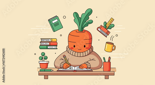Carrot Character Writing, surrounded by Books, Studying and Drinking Coffee in a Cute Concept