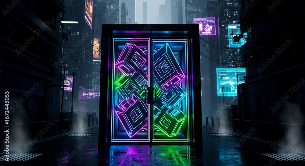 Obraz premium Neon-lit futuristic portal entrance in rainy urban cyberpunk city environment