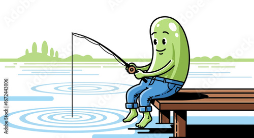 Cartoon Bean Character Fishing on Pier, Enjoying Serenity and Quiet Time Outdoors