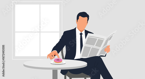 Business Man Enjoying A Moment Of Leisure With A Donut And Reading Newspaper