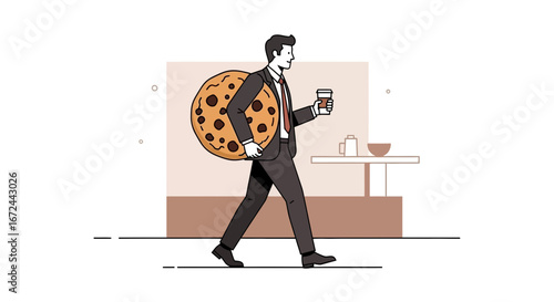 Business Person Carrying Oversized Biscuit With Coffee Cup, Walking Towards The Office