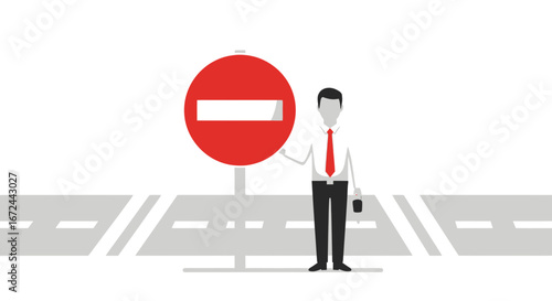 Business Person Holding No Entry Sign, Standing On Road, Against White Background