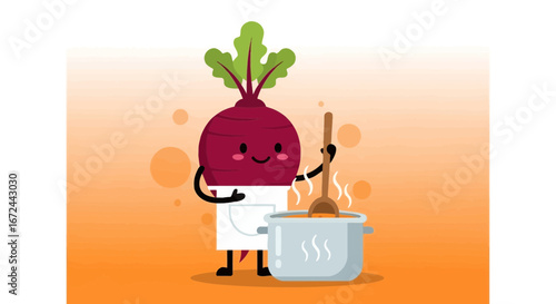 Cartoon Beetroot Chef Cooking a Hearty Dish in a Kitchen Environment