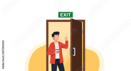 Business Person Exiting Office Building with a Cup of Coffee Ready To Leave His Job