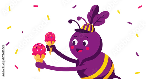 Cartoon Bee Delivers Delicious Ice Cream Cones Amidst Scattered Confetti Joy