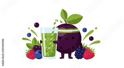Cartoon Berry Character Enjoying Green Smoothie, Healthy Food and Good Vibes