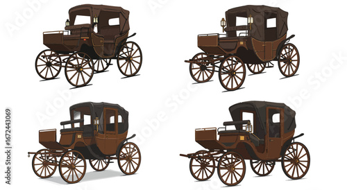 Collection of Elegant Brown Carriages Featuring Intricate Wheel and Canopy Details